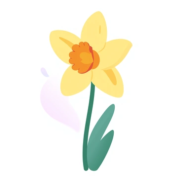 A single daffodil in full bloom is standing tall in the center of the image. The petals are vibrant yellow, gracefully fanning outwards, showcasing their delicate texture. The stem is slender and green, extending down into a slightly blurred background of soft, gradient pastel colors that complement the daffodil. The gentle curves of the petals create a sense of elegance, while subtle shadows add depth to the flower's form. A few green leaves are visible at the base, adding contrast to the bright yellow of the petals.