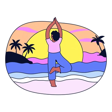 A person practicing yoga on a beach during sunrise. The individual is in a standing pose, with their arms raised above their head. The sun is just above the horizon, casting a warm golden glow over the scene. Gentle waves are lapping at the shore, and soft sandy beach stretches in the foreground. Silhouettes of palm trees are visible in the background, framing the serene atmosphere. The sky is painted in shades of orange, pink, and purple, reflecting the tranquility of the moment.