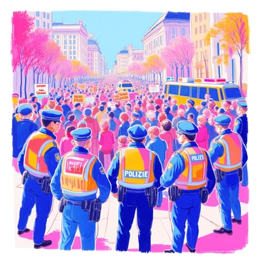 A group of security personnel is positioned strategically around a public square. They are dressed in dark uniforms with badges and headsets. Each security guard is attentively observing the crowd of people gathered in the square. The crowd consists of men and women of various ages, some holding signs and banners, while others are engaged in animated discussions. There are a few police vehicles parked at the edges of the square, with flashing lights. In the background, a large building looms, adding to the atmosphere of the event. The expressions on the faces of the crowd range from concerned to determined, reflecting the tension of the political gathering.