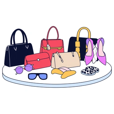 A collection of designer accessories displayed on a sleek white surface. There are several elegant handbags in various colors, including a black leather tote, a red crossbody bag, and a beige clutch. Next to the handbags, there are a pair of stylish high-heeled shoes with intricate patterns and a pair of trendy sneakers. Additionally, there are chic sunglasses with oversized frames and reflective lenses. Each accessory is arranged neatly to showcase the unique designs and colors.