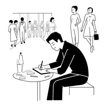 A male fashion illustrator is seated at a small table, intently sketching clothing designs in a notebook. He has short, neatly combed hair and is wearing a fitted black shirt and tailored trousers. His focused expression shows his dedication to capturing details. Surrounding him are scattered pencils and fabric swatches. In the background, a runway with models strutting in various stylish outfits can be seen. The atmosphere is filled with excitement as onlookers observe the designs being showcased.