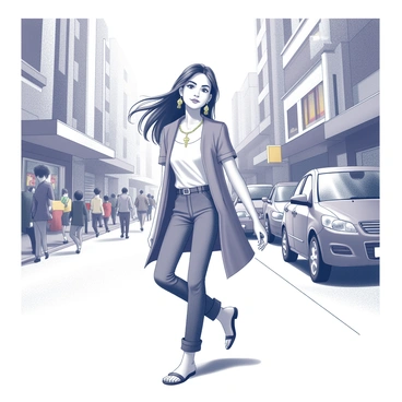A girl walking confidently down a busy city street. She is wearing traditional jhumkas that dangle from her ears, catching the attention of passersby. The street is filled with people, cars, and colorful storefronts, creating a lively urban atmosphere. The girl has long hair flowing freely, and she is dressed in a fashionable outfit that blends traditional and modern elements. Her expression is one of self-assurance as she navigates through the crowd.