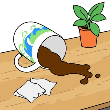 A coffee cup knocked over, with coffee spilling over a desk