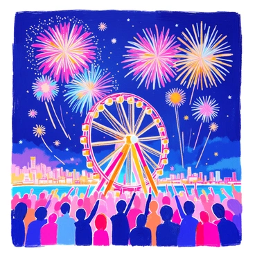A bright ferris wheel is prominently featured in the center of the image. The ferris wheel's vibrant colors stand out against the dark night sky. Above, colorful fireworks explode in various shapes and sizes, filling the sky with bursts of light. The scene is lively, with the ferris wheel's lights twinkling, adding to the festive atmosphere. Below, the silhouette of a crowd can be seen enjoying the view, some pointing upwards in excitement.