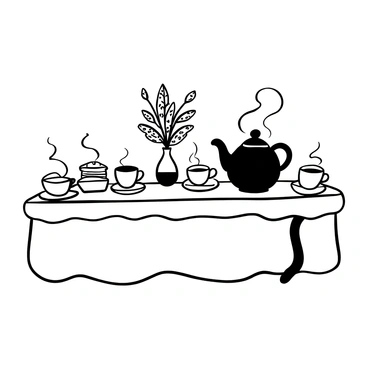 A table set for afternoon tea, featuring an elegant teapot with steaming cups of tea arranged neatly around it. Slices of pie are displayed on a delicate plate, showcasing various flavors. A soft tablecloth adds texture to the scene. A small vase with flowers sits as a centerpiece, completing the tranquil atmosphere.