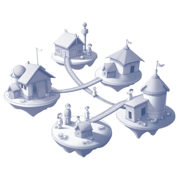 A whimsical community consisting of multiple floating islands. Each island is connected by sturdy rope bridges that span the gaps between them. The landscape features a variety of huts with unique architectural designs, all displaying intricate details to emphasize their individuality. Villagers can be seen walking across the bridges, happily interacting with one another, displaying smiles on their faces. The scene is lively, showcasing a sense of community and vibrant living among the islands.