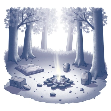 A campsite situated in a dense forest setting. The center features a burnt-out fire pit, surrounded by blackened stones and remnants of ash. Scattered around the area are various belongings, including a frayed sleeping bag, a rusted metal pot, and a worn backpack partially buried in the underbrush. Tall trees with thick trunks and dense foliage create a natural enclosure, while patches of fallen leaves cover the ground. Sunlight filters through the branches, casting dappled shadows on the campsite.