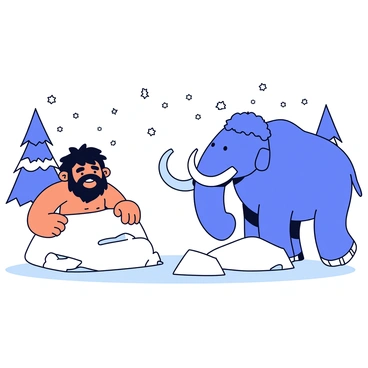A Neanderthal with a rugged appearance, featuring a thick brow and unkempt hair, is crouched behind a snow-covered rock. In the foreground, the Neanderthal's expression shows cautious curiosity as he observes a massive woolly mammoth nearby. The mammoth has long, curved tusks and a thick coat of woolly fur, which appears puffy and dense. Snowflakes gently fall around them, blanketing the ground in a layer of soft white. Pine trees in the background, partially covered in snow, complete the chilly atmosphere of the scene.