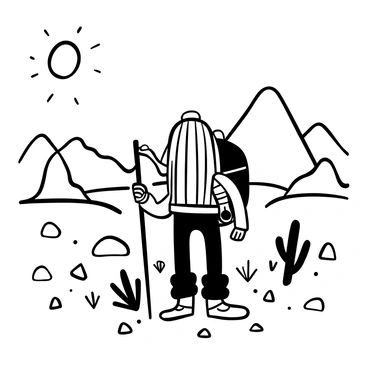 A cactus wearing a small backpack and a pair of hiking boots, standing tall amidst a vast desert landscape. The cactus is surrounded by scattered rocks and sand dunes. The sun casts long shadows, emphasizing the rugged terrain. A water bottle is attached to the backpack, and a walking stick leans against the cactus. In the background, several distant mountains rise against the horizon.