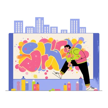 A graffiti artist with a spray can is actively creating vibrant street art on a large city wall. The artist is wearing a colorful hoodie and a cap, showcasing their focused expression. The wall features a dynamic mural filled with bright colors such as red, blue, and yellow, depicting abstract shapes and whimsical characters. Various spray paint cans of different colors are scattered around the artist, and there are splatters of paint on the ground, indicating the creative process. In the background, there are urban elements like buildings and a clear blue sky.
