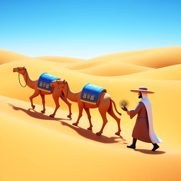 A caravan of camels walking through a vast desert landscape with rolling sand dunes. The camels are adorned with colorful saddles and decorative blankets. In front of the caravan, a guide is leading the group, holding a sun compass in one hand. The guide wears traditional desert attire, including a wide-brimmed hat and flowing robes. The bright sun casts long shadows on the sand, and the sky is a clear blue, accentuating the arid environment.