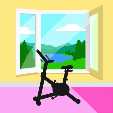 A home gym features a large window overlooking a calm lake. The window frames a picturesque view of the lake surrounded by lush greenery. A workout bike is positioned near the window, allowing for a clear sight of the scenery. The bike is sleek and modern, with a black frame and comfortable seat. Sunlight streams through the window, casting soft shadows on the gym floor.