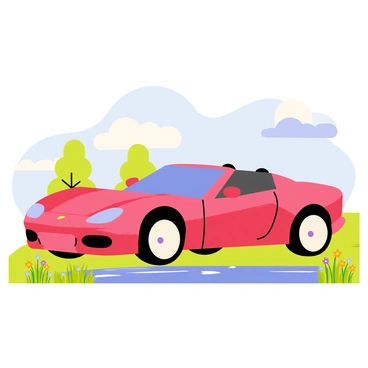 A sleek, shiny luxury sports car in a vibrant red color is parked at a peaceful riverbank. The river flows gently, reflecting the blue sky above. Lush green grassy fields extend on either side of the car, dotted with wildflowers in various colors. The scene captures the tranquility of nature, with the riverbank framed by a few trees in the background. Soft, fluffy clouds drift lazily across the sky, completing the serene atmosphere surrounding the luxury car.