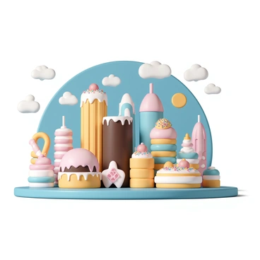 A vibrant city skyline featuring a variety of buildings crafted from different desserts. Tall skyscrapers resembling towering cakes with frosting roofs, some adorned with colorful sprinkles. A chocolate bar building stands prominently in the center, flanked by a pastry tower shaped like a croissant. Nearby, a cluster of candy cane-shaped structures and a gelatin building reflecting sunlight in a rainbow of colors. The sky above is clear and blue, with soft clouds scattered throughout, providing a perfect backdrop for this sweet cityscape.