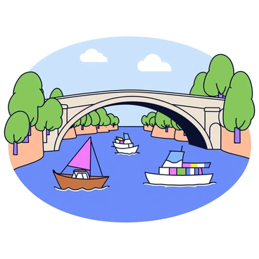 A wide European river flows peacefully beneath an ancient stone bridge with intricate carvings and weathered arches. Several boats of different sizes and shapes are passing underneath the bridge. A small wooden fishing boat with a red sail glides smoothly through the water. Next to it, a larger white pleasure boat with colorful stripes moves slowly along the river. In the background, lush green trees line the riverbank, creating a natural frame for the scene. The sky above is clear with a few fluffy clouds.
