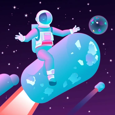 An astronaut with a gleaming helmet and a colorful space suit is riding a vibrant comet. The comet has a fiery tail that streams behind it, illuminated by shades of orange and blue. The background is filled with distant stars twinkling in a dark cosmic expanse, and colorful nebulae swirling in the distance. The astronaut appears joyful, arms stretched out as if embracing the adventure. The comet's surface is textured with rocky features and icy patches, adding detail to this whimsical scene.