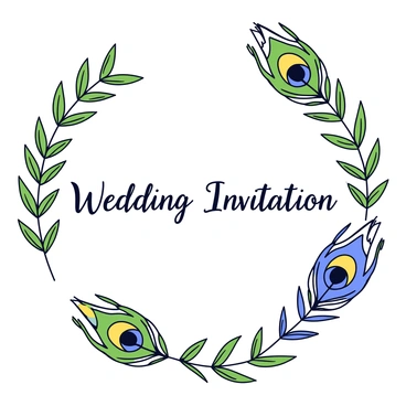 A wedding card with a white background. The card features elegant peacock feathers in vibrant colors such as green, blue, and gold. The feathers are artistically arranged, creating a graceful border around the edges of the card. In the center, there is a decorative text that reads “Wedding Invitation” in a flowing script. The overall design gives a feeling of sophistication and beauty.
