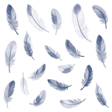 A detailed monochrome drawing of a repeating pattern filled with intricate feather motifs. Each feather is designed with fine lines, showcasing delicate details in the curves and veining. The overall composition features an arrangement where the feathers are interconnected, creating a rhythmic flow across the surface. The pattern is symmetrical, displaying a sense of movement and balance throughout the design, with varying sizes of feathers to add depth and interest. The background is left blank, emphasizing the complexity of the feather motifs.