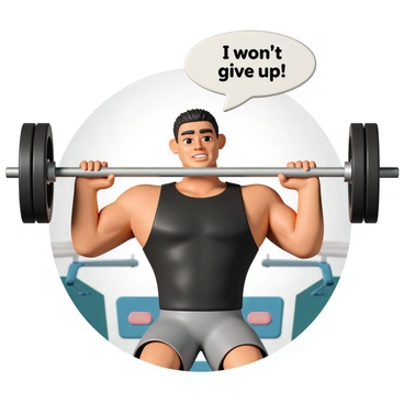 A muscular character, wearing a tight black tank top and grey shorts, is straining to lift a heavy barbell during a bench press set. The character's brow is furrowed in concentration, and beads of sweat are visible on their forehead. Their arms are flexed, showcasing bulging biceps as they push the barbell upwards. The background features gym equipment, including weights and exercise mats, creating an active atmosphere. Above the character, a speech bubble displays the phrase "I won't give up!" capturing their determination. Bright colors highlight the energy of the scene, emphasizing the intensity of the workout.