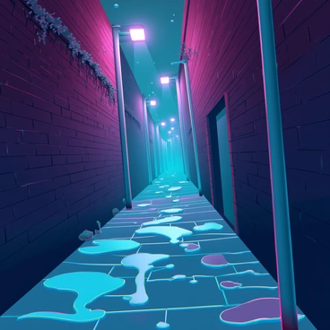 A narrow alleyway with cobblestone pavement covered in water puddles reflecting the dim glow of streetlights. Rain falls steadily, creating ripples in the puddles. The walls of the alley are lined with weathered bricks, some partially covered in creeping vines. Litter and discarded objects can be seen scattered along the edges. The scene is illuminated by the soft, warm light of the streetlights, casting long shadows and enhancing the moody atmosphere.