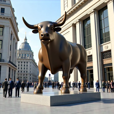 A powerful bull statue made of bronze, featuring intricate details that highlight its muscular form and fierce expression. The bull stands proudly with its head held high and its strong legs firmly planted on a polished stone base. In the background, a bustling stock exchange building with a grand façade and large glass windows can be seen. The scene is filled with people dressed in business attire, walking briskly and engaging in conversations, creating a lively atmosphere around the statue. The sky above is clear with a hint of blue, giving the image a vibrant feel.