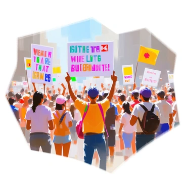 A dynamic scene depicting a protest with a diverse group of people holding colorful banners. Each banner displays various messages and symbols in bright colors, expressing strong sentiments in reaction to a declaratory act. The crowd is animated, with individuals of different ages and backgrounds showing their passion. In the background, there are symbols of unity and peace, enhancing the overall message of the protest. The setting is lively, capturing the energy and determination of the participants.