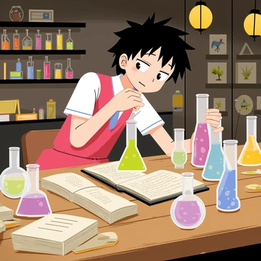 "Hanako-kun" is depicted as a teenage boy with short black hair and a distinctive red and white school uniform. He is exploring an "old science laboratory" filled with various "bubbling potions" in glass beakers of different sizes and shapes. The laboratory has a worn wooden table cluttered with "scrolls and ancient books" lying open beside some of the potions. The walls are lined with "shelves filled with colorful vials" and jars containing strange specimens. In the background, there are "dimly lit lanterns" casting shadows, enhancing the atmosphere of discovery. Hanako-kun is shown curiously peering into one of the bubbling beakers, with a look of intrigue on his face.