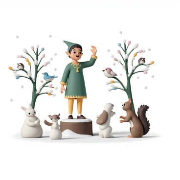 An elf, with pointed ears and wearing a green tunic adorned with gold embroidery, stands on a small wooden stump, conducting a choir of woodland animals. The elf holds a small wand in one hand, guiding the animals in harmony. Surrounding the elf are various woodland creatures, including a squirrel with a bushy tail, a rabbit with soft white fur, and a family of birds perched on nearby branches. The animals are animated and focused, their mouths open as they sing "holiday tunes." Twinkling fairy lights are draped along the branches of trees in the background, adding a festive touch to the scene. Snow gently falls from the sky, covering the ground in a soft white blanket.