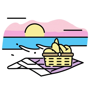 A beachside picnic with a basket of garlic bread and a sunset view