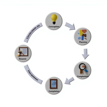 A cycle diagram featuring the stages of an art project from conception to completion. At the top of the diagram, there is a labeled section titled "Conception," illustrated with a lightbulb icon symbolizing ideas. Moving clockwise, the next section is labeled "Planning," showing a checklist and calendar graphic. Next, the section labeled "Creation" depicts a paintbrush and palette, representing the hands-on artistic process. Following this is the "Review" stage, illustrated with a magnifying glass examining a piece of art. Finally, the diagram concludes with the "Completion" section, featuring a framed artwork ready for display. Each section is connected with arrows to represent the flow of the project through these stages.
