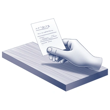 A hand is grasping a small slip of paper. The paper has a handwritten note visible on its surface. The hand is positioned above a wooden table, showing the texture and grain of the wood. The lighting casts subtle shadows on the table, enhancing the details of the hand and the slip of paper.