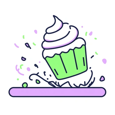 A cupcake falling off a table, with frosting flying off to illustrate the motion.