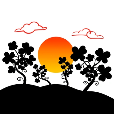 Silhouetted grapevines against a vibrant orange and pink sunset