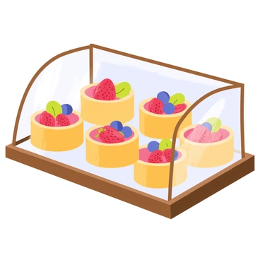 A display case featuring multiple brightly colored fruit tarts. Each tart has a golden-brown crust and is topped with an assortment of vibrant fruits such as strawberries, blueberries, kiwis, and raspberries. The fruits are arranged artfully on each tart, glistening with a shiny glaze. The display case has a glass front and wooden frame, allowing the tarts to be clearly visible from all angles. The background is softly blurred, focusing attention on the tarts.