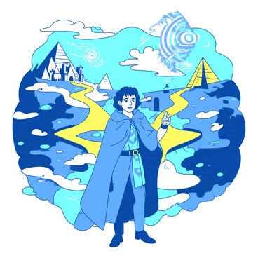 A time traveler in a blue cloak stands confidently at a crossroads of history. The traveler has an intricate device in their hand, with glowing symbols that pulsate with light. Surrounding them are four distinct pathways, each illuminated in a bright yellow hue, leading to different historical eras represented by iconic landmarks such as a medieval castle, an ancient pyramid, a futuristic city skyline, and a Victorian-era street. The environment is dynamic, with swirling patterns of light in the air suggesting the flow of time. The traveler's face displays a mix of curiosity and determination as they prepare to choose a pathway.