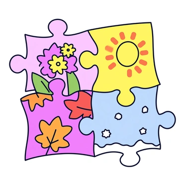 A jigsaw puzzle with an assembled design depicting the four seasons. One section features colorful spring flowers in shades of pink, yellow, and purple. Another section illustrates a bright sun symbolizing summer, radiating yellow and orange rays. The autumn section displays vibrant leaves in shades of red, orange, and brown. The final section represents winter with white snowflakes and a soft blanket of snow. Each piece of the puzzle is uniquely shaped, contributing to the overall seasonal theme.