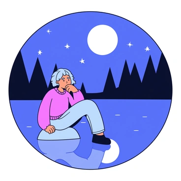 A person sitting on a small rock by a tranquil lake at night. The water is calm and reflects the bright, full moon overhead, creating a shimmering effect on the surface. The person has a thoughtful expression, with their chin resting on one hand. They are dressed in a cozy sweater and jeans, with their hair gently rustling in the night breeze. Surrounding the lake are tall trees silhouetted against the starry sky, adding to the serene atmosphere of the scene.