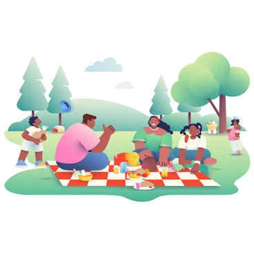 A family enjoying a picnic with fun outdoor games like frisbee and sack races in a park.