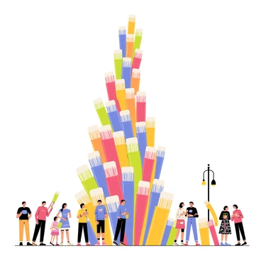 A street sculpture composed of numerous colorful toothbrushes arranged in an abstract design. The toothbrushes are in various vibrant shades, including red, blue, yellow, and green. They are fastened together to create a towering structure that spirals upward. The base of the sculpture is wide, providing stability, and the toothbrushes fan out at different angles, giving it a dynamic appearance. Sunlight reflects off the plastic bristles, creating a playful light effect around the sculpture. The surrounding street is lined with curious onlookers admiring the unique artwork.