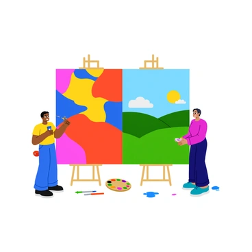 Two artists are positioned on either side of a large canvas. On the left, one artist is using bright colors, applying bold brush strokes of red, blue, and yellow, creating dynamic shapes and abstract forms. On the right, the second artist is carefully painting with softer, pastel shades, depicting a serene landscape filled with rolling hills and gentle clouds. The two halves of the canvas are divided clearly, showcasing the contrasting styles, while a palette with an array of colorful paints sits on the ground between them. Each artist is focused intently on their section, surrounded by scattered paintbrushes and tools.