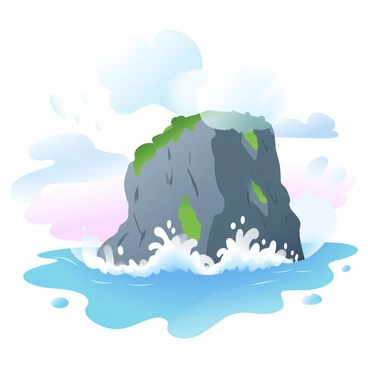 A rugged coastal cliff with a steep drop is prominently featured. The cliff's surface is textured with jagged rocks and patches of green vegetation clinging to its sides. Waves are crashing against the base of the cliff, creating white frothy spray that rises high into the air. The water is a gradient of blues and greens, reflecting the sunlight. In the background, the horizon meets the sky, which has soft pastel colors blending into each other, creating a serene atmosphere above the tumultuous scene below.