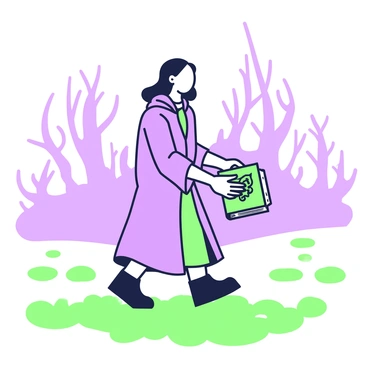 A character is walking through a foggy landscape. The character is dressed in a long cloak that flows with each step. They are holding a gothic book with ornate designs on the cover in their right hand. Shadows are dancing around, creating an eerie atmosphere in the mist. In the background, silhouettes of twisted trees can be seen partially obscured by the fog, adding to the mysterious setting. The ground is uneven and covered in patches of grass, blending into the obscured horizon.