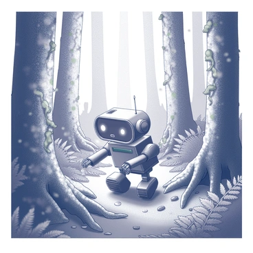 A small robot is moving cautiously through a dense forest filled with overgrown vegetation. The robot has a compact, boxy shape with articulated arms for maneuvering between the thick underbrush. Tall trees rise around it, their trunks covered in vines and moss. The ground is littered with fallen leaves and twigs, creating a natural obstacle course for the robot. Dappled light filters through the thick canopy above, casting shadows across the forest floor. The robot's sensors are active, scanning its surroundings as it navigates through the tangled roots and ferns.