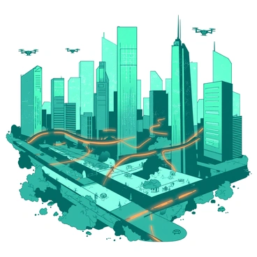 A teal cityscape filled with towering skyscrapers and modern architecture. The buildings are interconnected by glowing orange energy lines that pulse with light, creating a network of vibrant energy throughout the city. The streets below are bustling with small vehicles and pedestrians, all engaged in their daily activities. In the sky, a few drones can be seen flying between the buildings, further highlighting the advanced technology of the city. The overall scene is illuminated by the warm glow of the energy lines, creating a dynamic and lively urban environment.
