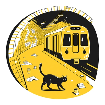 A stray cat with a sleek, dark-colored body is cautiously walking through a deserted metro tunnel. The tunnel is dimly lit with flickering overhead lights, casting shadows on the wet, tiled walls. The cat's ears are perked up, alert to the faint sounds echoing in the distance. There are scattered debris and discarded items like old newspapers and empty cans on the ground. Graffiti covers the walls, adding texture to the scene. In the background, an abandoned train car is partially visible, resting on the tracks, creating a sense of isolation and mystery.
