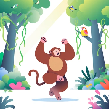 A baboon with a rich brown and tan coat is energetically dancing in the center of a jungle clearing. Its arms are raised, and its legs are in mid-skip, showcasing its lively movements. Surrounding the baboon are tall, lush green trees with broad leaves and vibrant vines hanging down. The ground is covered in a variety of plants and colorful flowers, adding to the jungle atmosphere. Sunlight filters through the treetops, casting dappled light on the baboon and the clearing. In the background, a few curious birds are perched on branches, watching the performance.