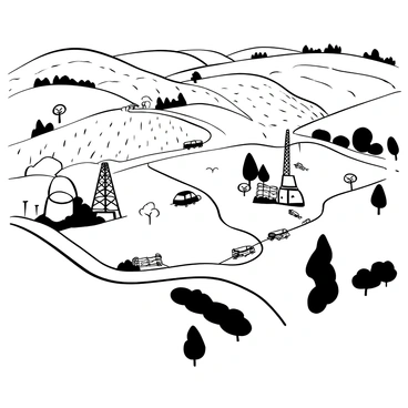 An aerial view of a countryside landscape featuring rolling hills and fields. Multiple fracking sites are visible, each marked by large drilling rigs and storage tanks. There are dirt roads connecting the sites, with a few vehicles parked nearby. Surrounding the operations, patches of farmland and small clusters of trees can be seen, creating a contrast with the industrial elements. The overall scene captures the coexistence of nature and industry in the countryside.