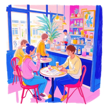 A coffee shop scene includes several patrons seated at small round tables. One patron with short brown hair is sipping from a large coffee cup, while another person with long blonde hair is engrossed in reading a newspaper. A barista stands behind the counter, preparing drinks, surrounded by various coffee-making equipment. The walls of the coffee shop are adorned with colorful artwork. Sunlight streams through the large windows, illuminating the cozy interior filled with plants.