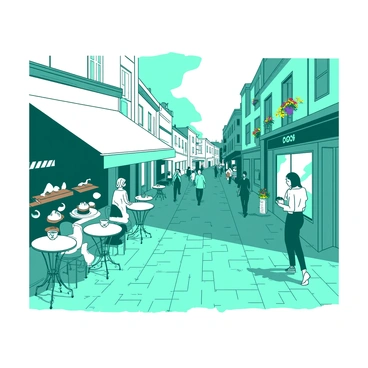 A teal quaint Parisian cobblestone street stretches into the distance, flanked by white charming cafés and shops. Several pedestrians are strolling leisurely, some engaging in conversation while others are sipping coffee at outdoor tables. The cafés have small round tables with white tablecloths, and colorful flower pots are placed on the window sills. A white awning extends over one of the shops, providing shade for a display of local pastries visible through the glass.