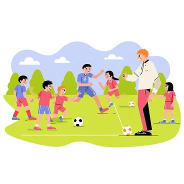 A group of children engaged in football drills on a grassy field under a bright blue sky. The coach, wearing a whistle around his neck, demonstrates a passing technique to the eager kids. The children are dressed in colorful sports uniforms, some in red and others in blue, enthusiastically following the coach's instructions. A few soccer balls are scattered around the field, and trees can be seen in the background. The sun casts long shadows, enhancing the cheerful atmosphere of the sunny afternoon.